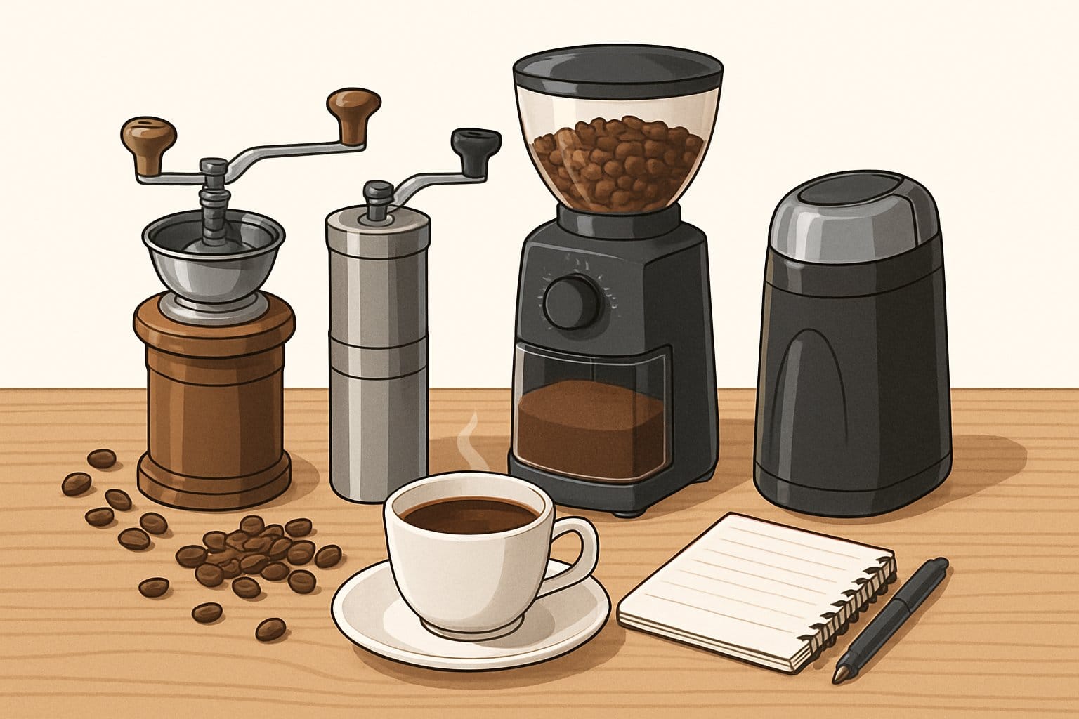 Olika kaffekvarnar på ett bord med kaffebönor och en kopp kaffe runt omkring.