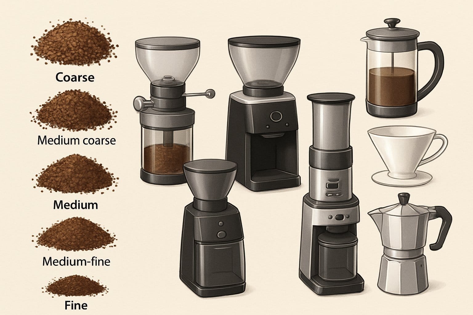 Olika kaffekvarnar, kaffebryggmetoder och kaffebönors malningsgrader arrangerade sida vid sida.