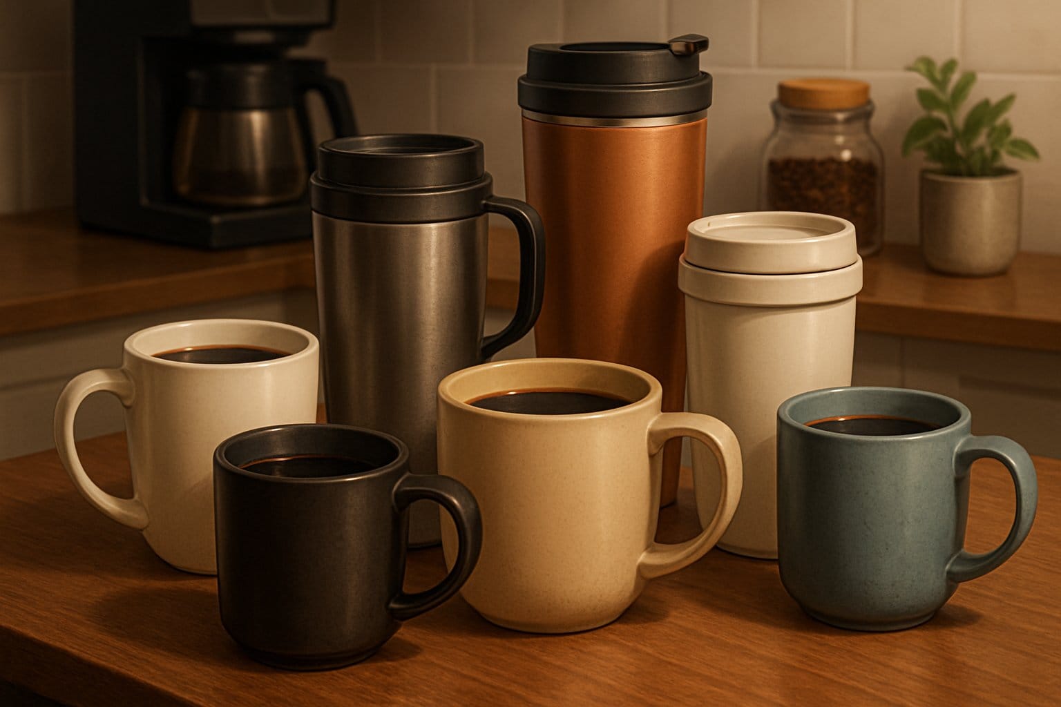 En samling olika kaffemuggar på ett bord med en köksbakgrund och kaffetillbehör.