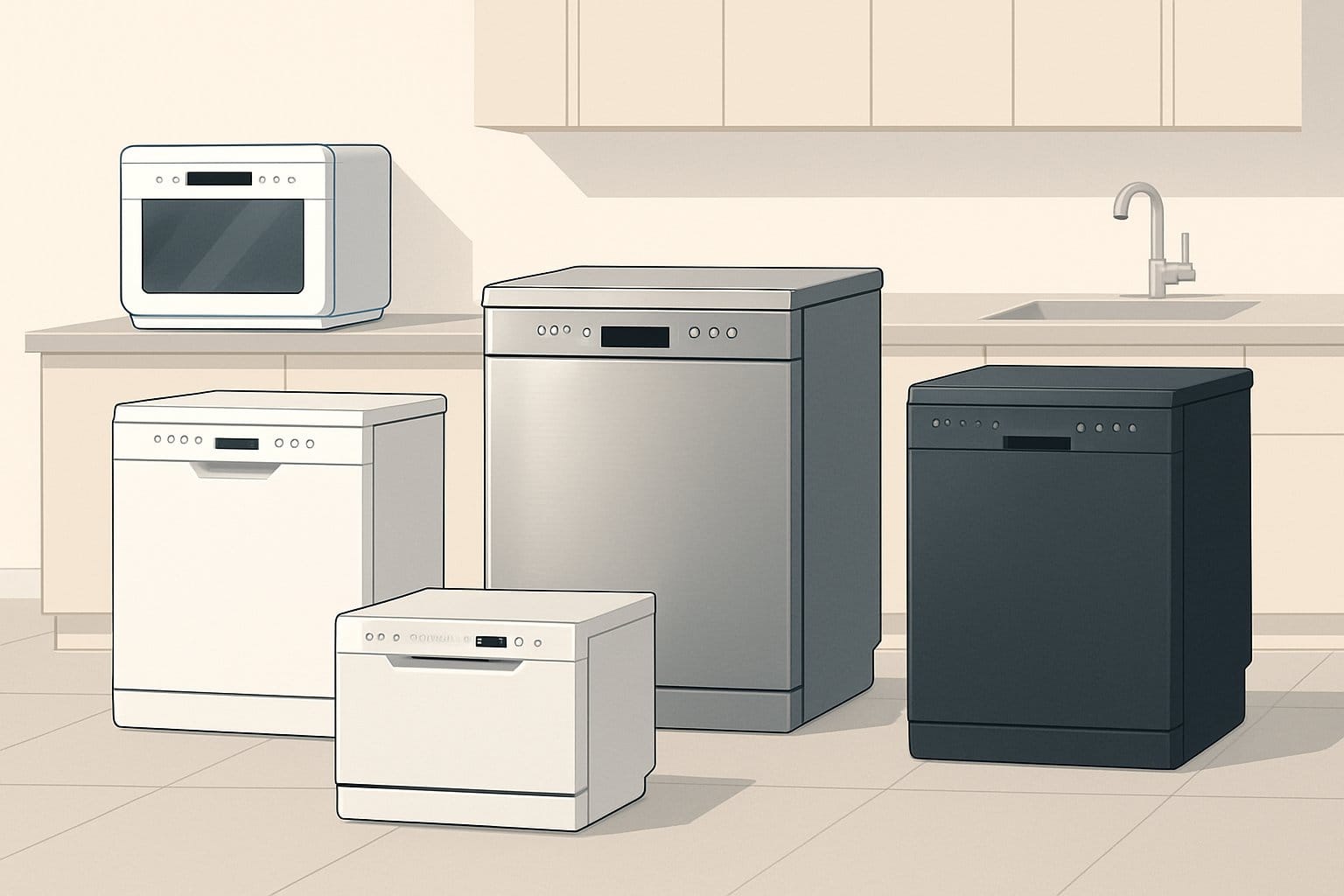 Olika typer av diskmaskiner i ett modernt kök, arrangerade sida vid sida utan text.