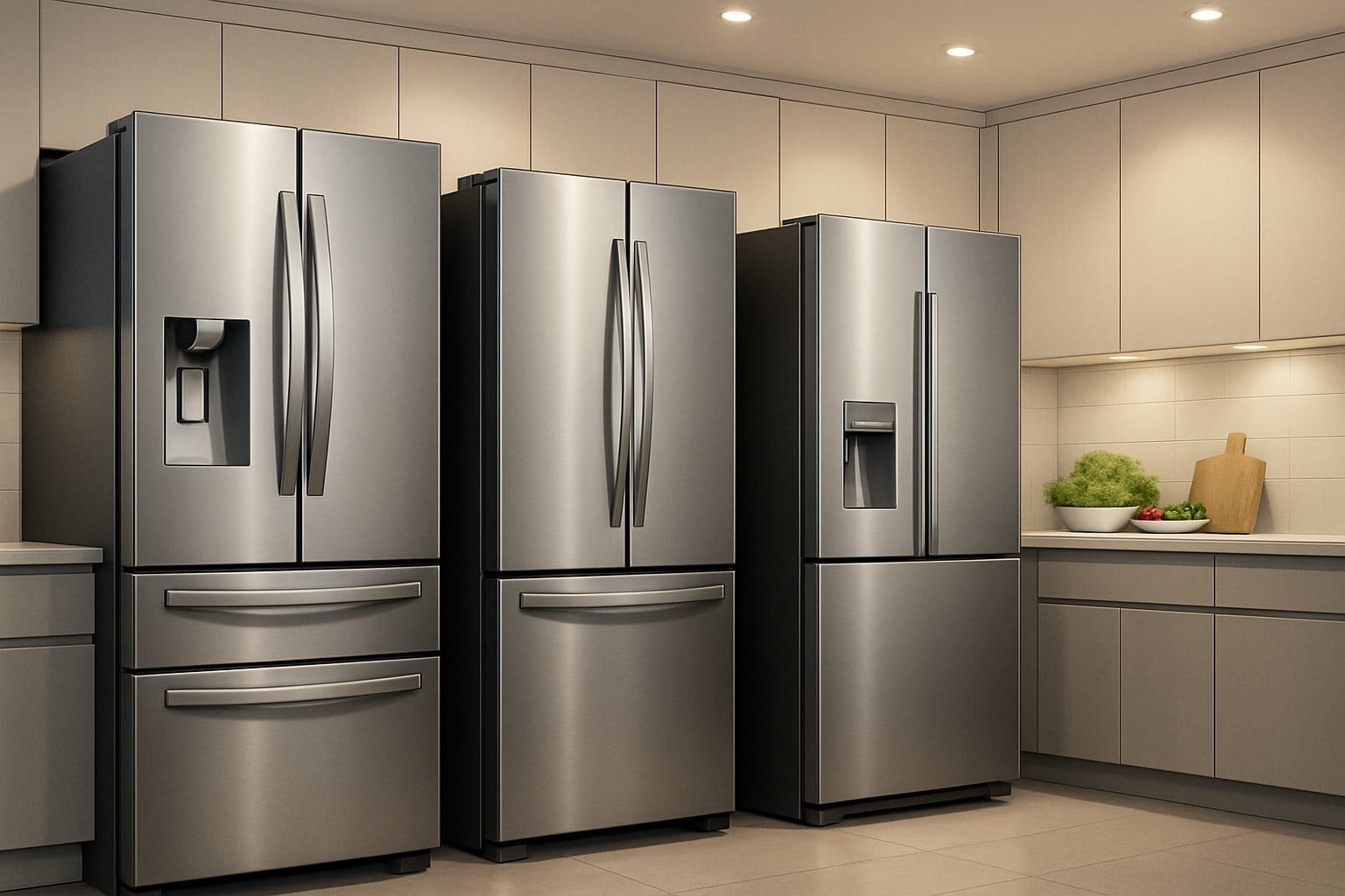 Ett modernt kök med flera toppmoderna kylskåp och frysar uppställda i en ljus och stilren miljö.