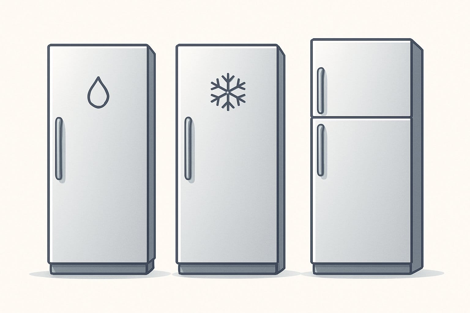 Tre moderna köksapparater sida vid sida: ett kylskåp, en frys och ett kombinerat kyl- och frysskåp.