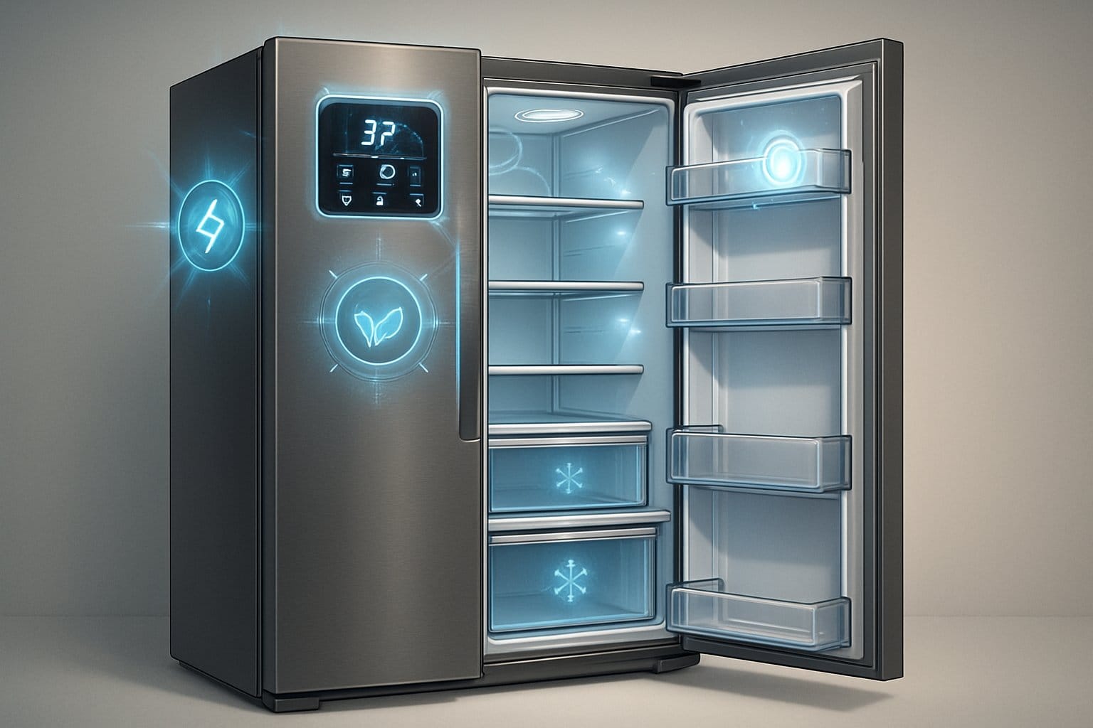 En modern kyl och frys med öppna dörrar som visar organiserade fack och avancerade tekniska funktioner.