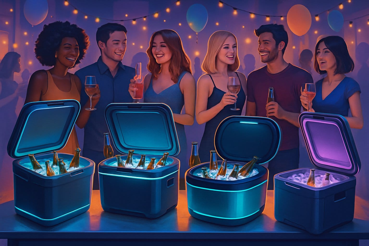 En livlig fest med moderna partycoolers på ett bord och människor som njuter av drycker och firar tillsammans.