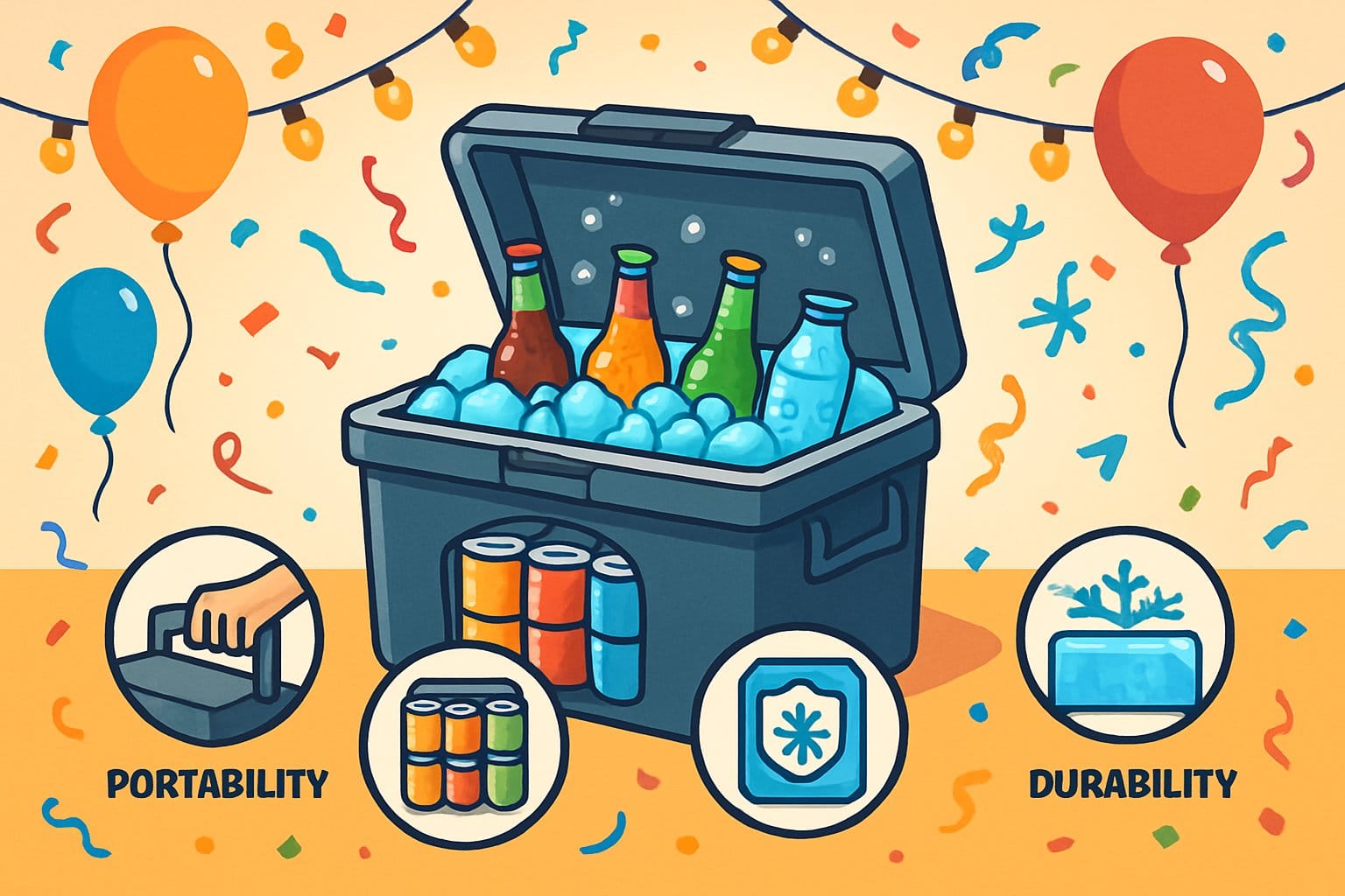 En festlig scen med en modern partycooler fylld med kalla drycker omgiven av ballonger och konfetti.