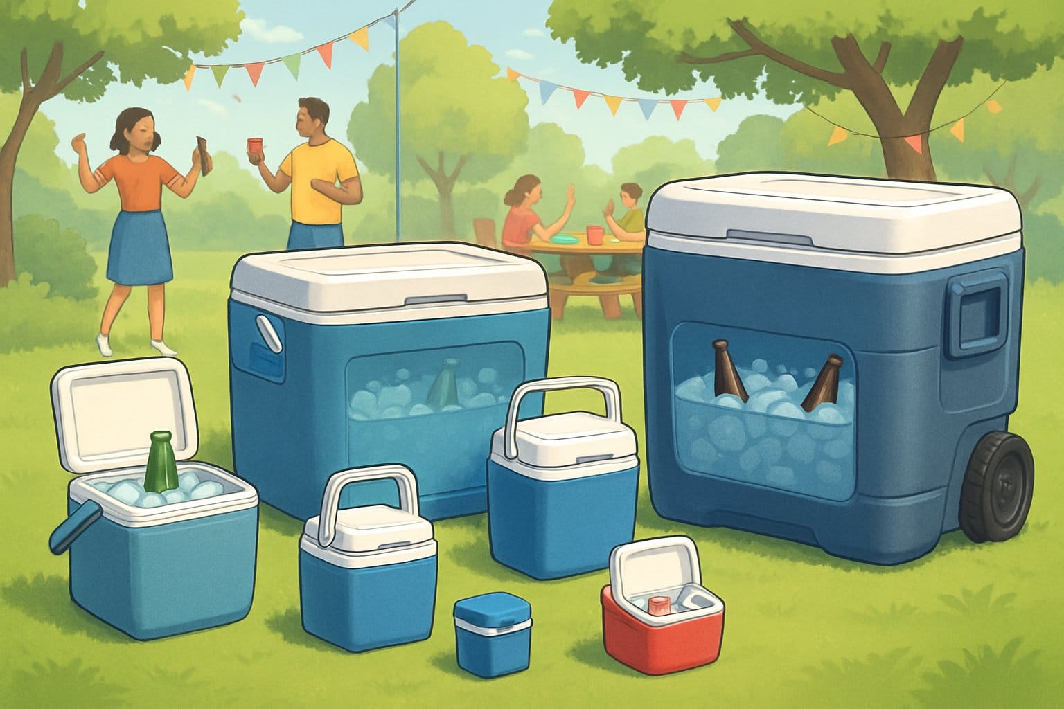 Olika storlekar av partycoolers uppställda utomhus vid en fest med människor i bakgrunden.