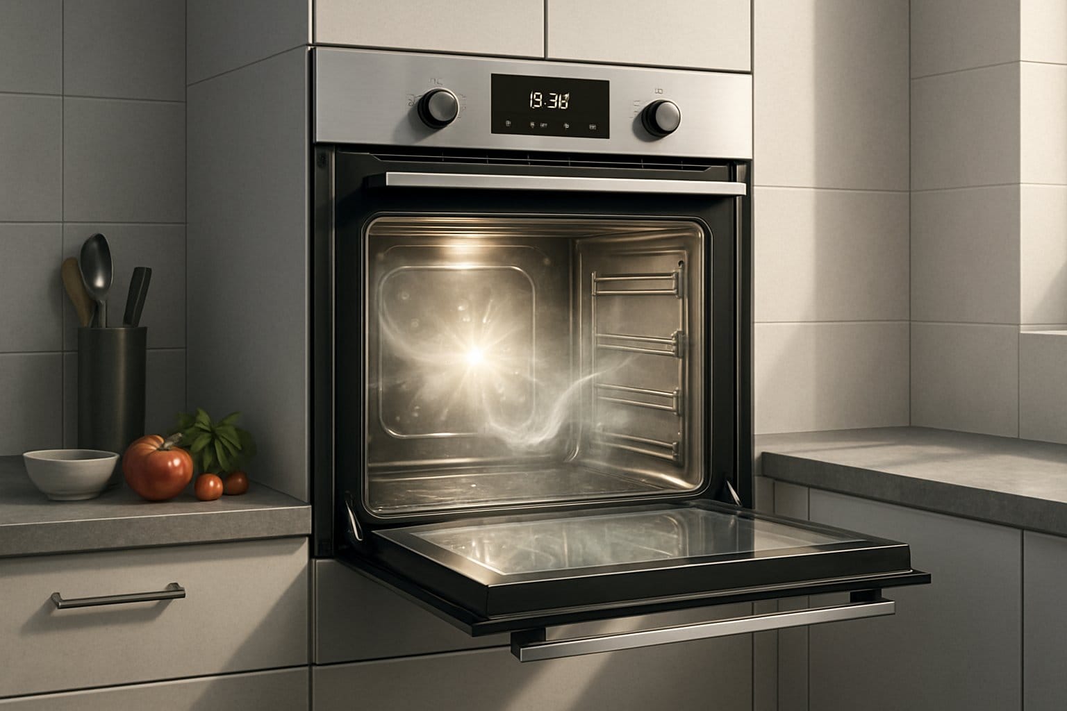 Ett modernt kök med en högteknologisk ugn som är öppen och visar en ren insida under en rengöringsprocess.