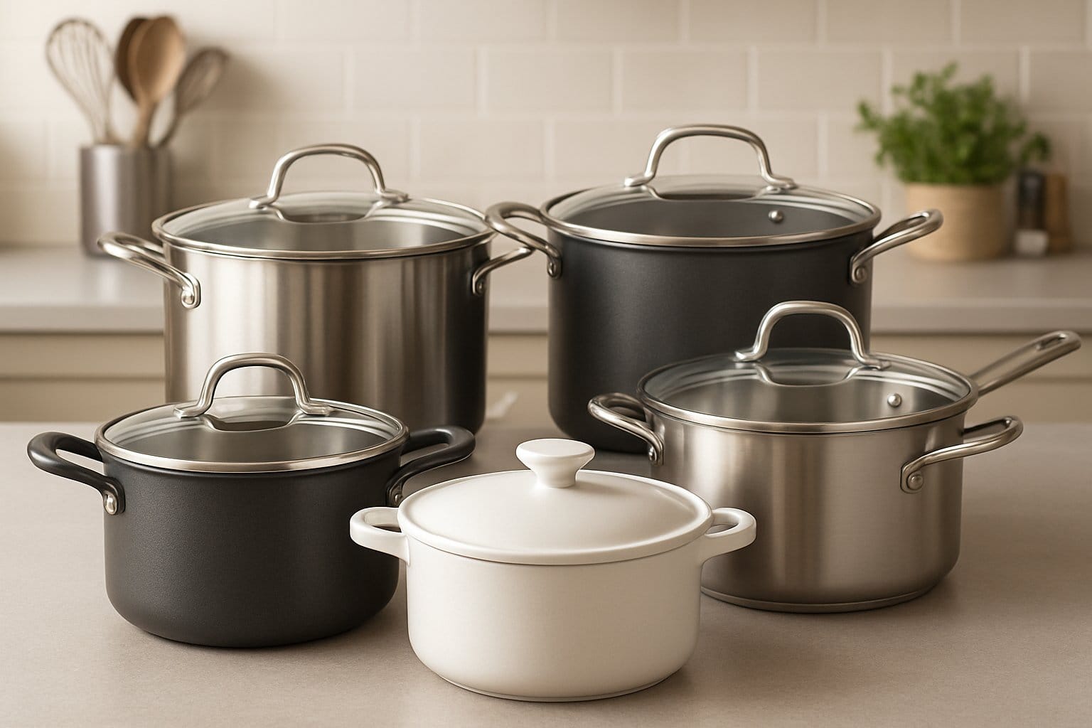 En köksbänk med flera olika kastruller i olika storlekar och material, placerade i ett kök med köksredskap och örter i bakgrunden.