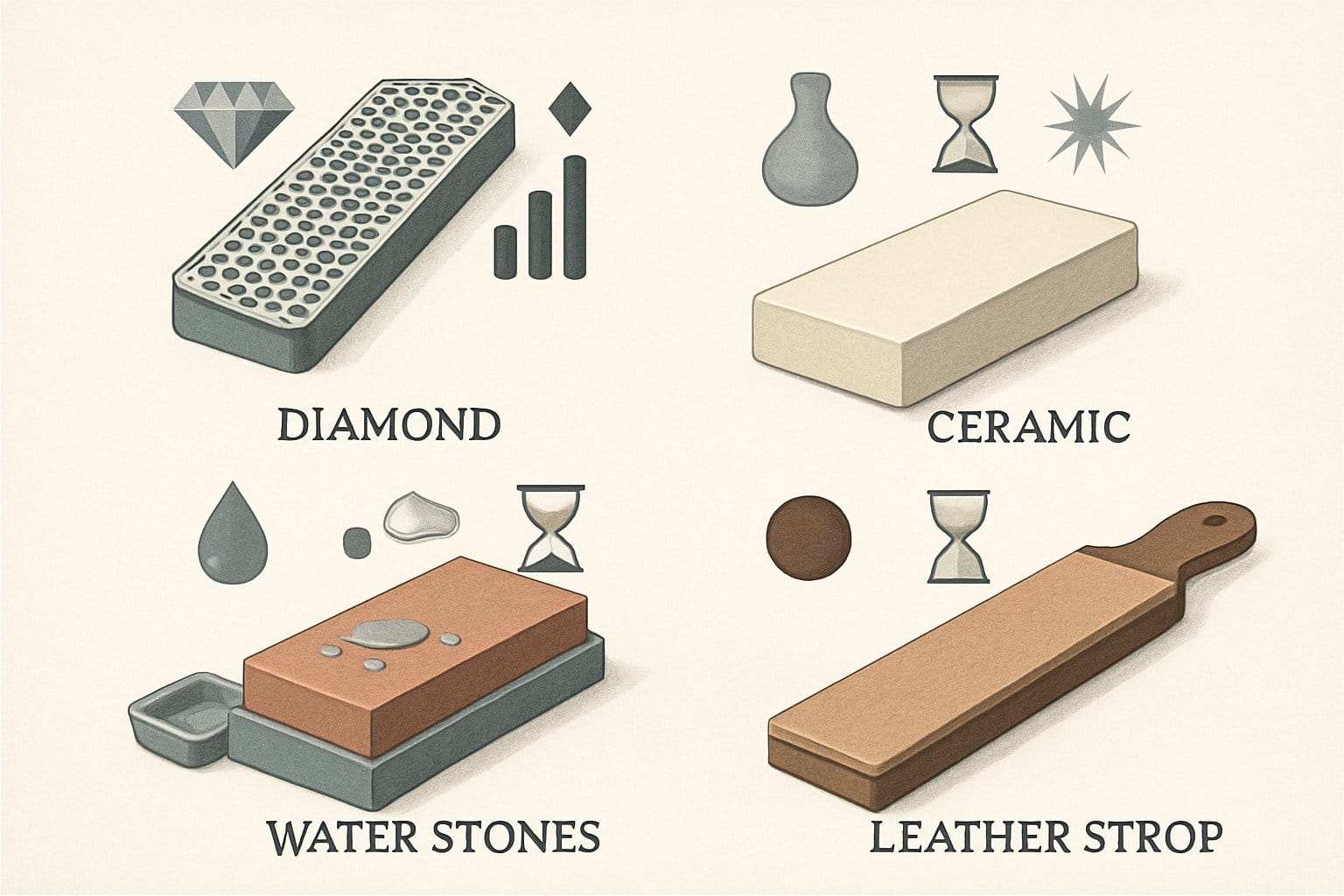 Olika knivsliparmaterial och deras egenskaper visas tydligt i en organiserad bild med flera slipstenar och verktyg.
