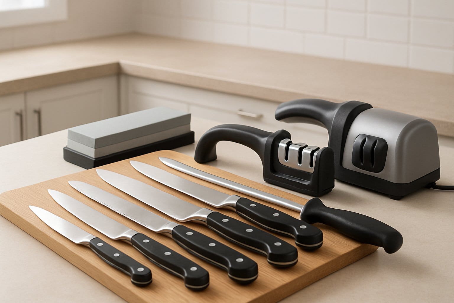 Olika köksknivar och knivslipar arrangerade på en träskärbräda i ett kök.