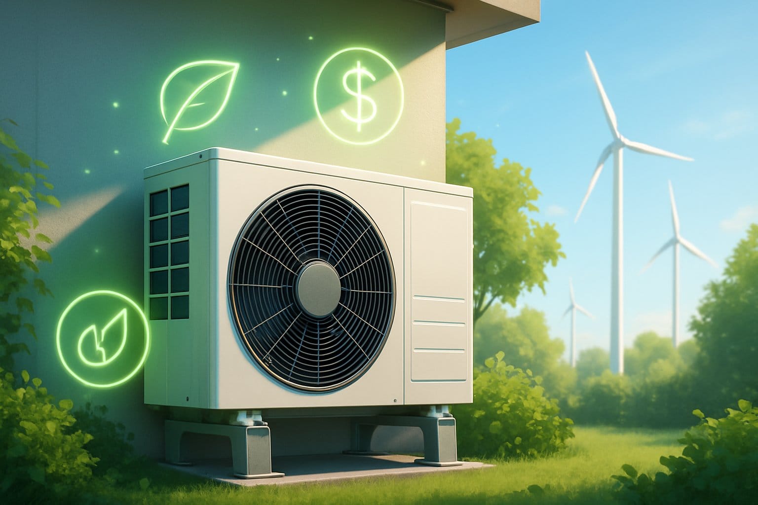 En modern luftvärmepump installerad på en husvägg med gröna växter runtom och symboler för energibesparing och kostnadseffektivitet.