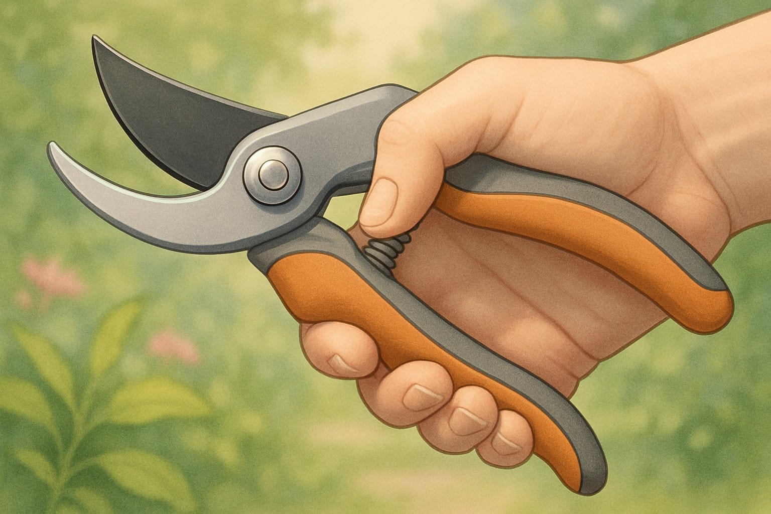 Ett par sekatörer med ergonomiskt handtag hålls i en hand framför en suddig trädgård med gröna växter.