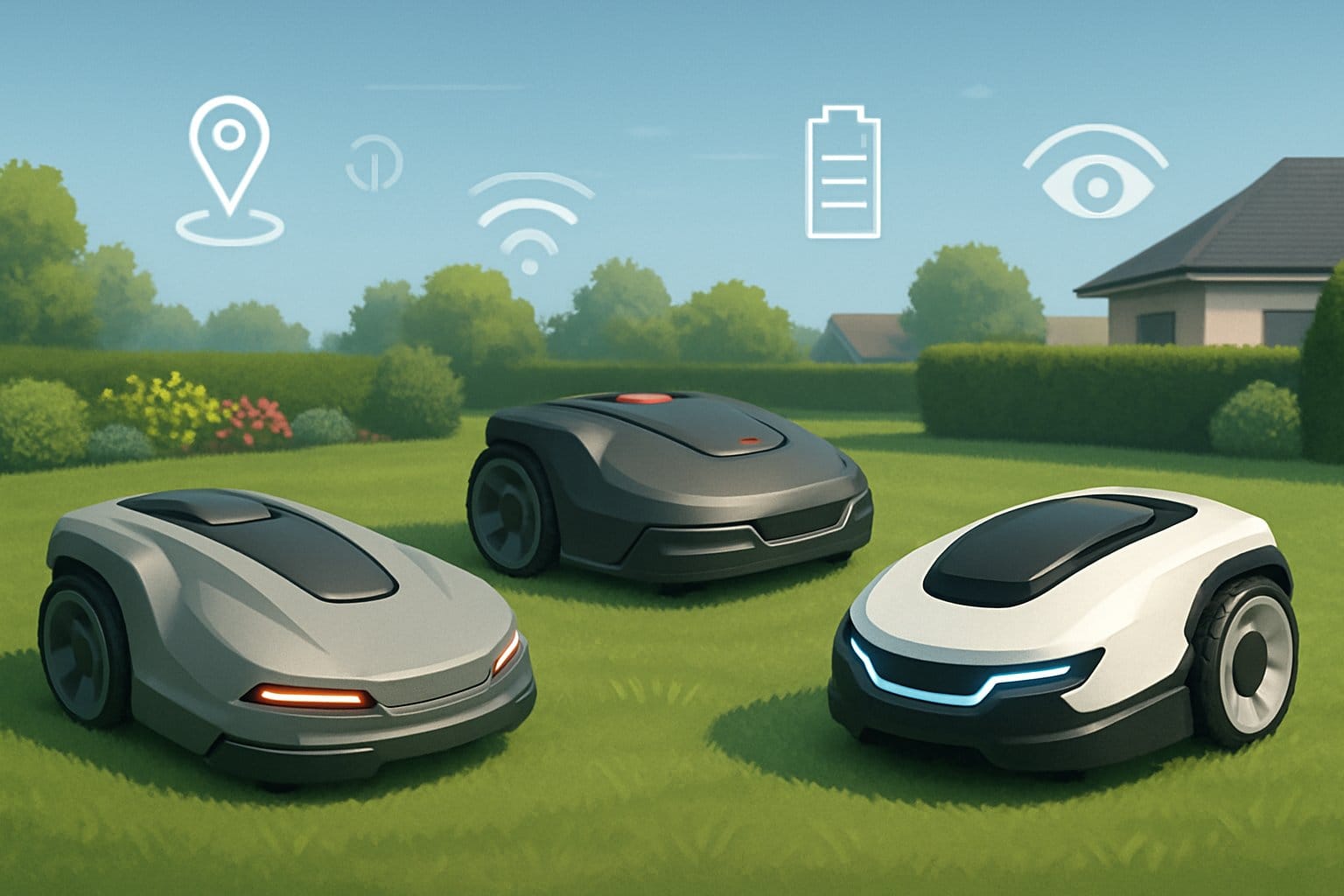 Tre moderna robotgräsklippare på en välklippt gräsmatta med en trädgård och ett hus i bakgrunden.