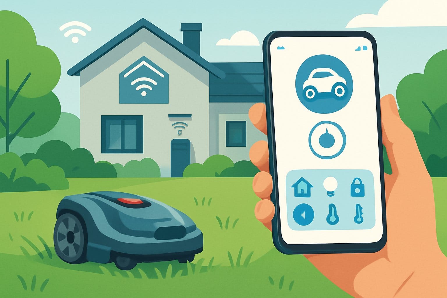 En person som använder en smartphone för att styra en robotgräsklippare i en trädgård framför ett modernt hus.