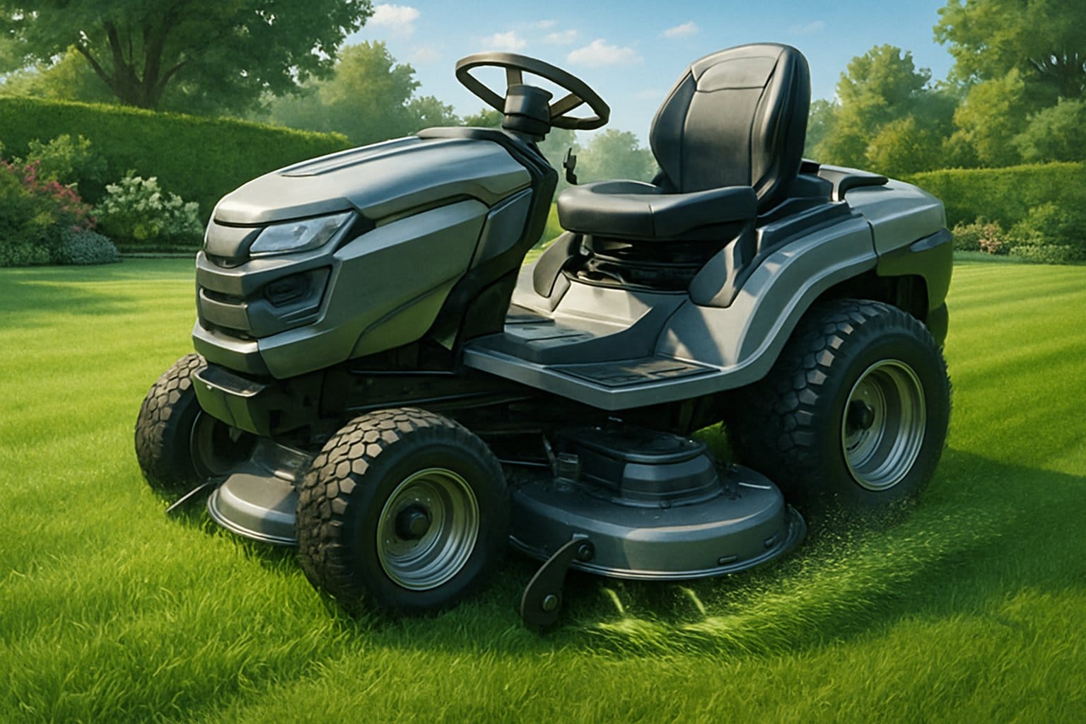 En åkgräsklippare som klipper gräset i en välskött trädgård.