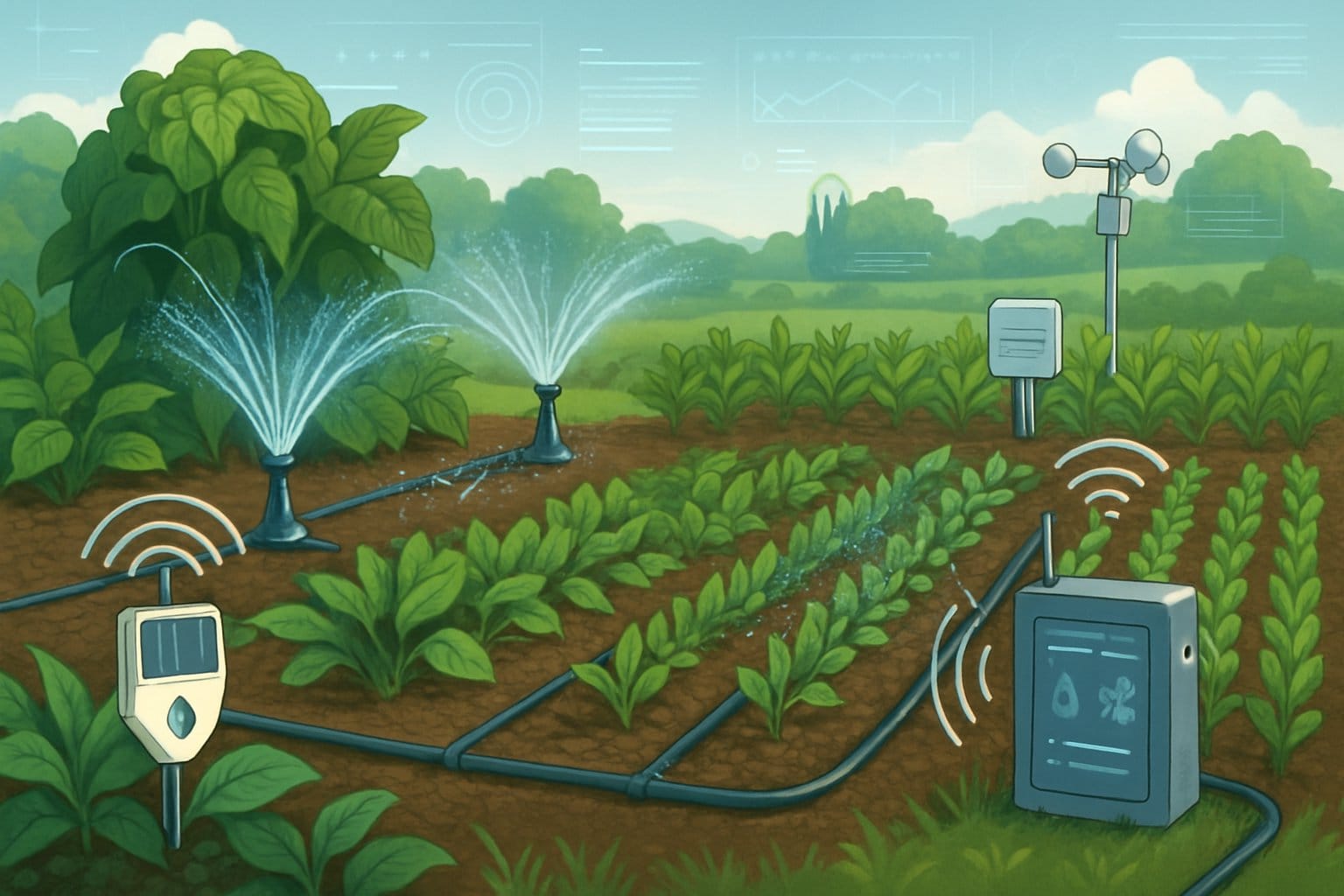 En modern trädgård med automatiska bevattningssystem som vattnar växter och grödor med hjälp av sensorer och styrsystem.