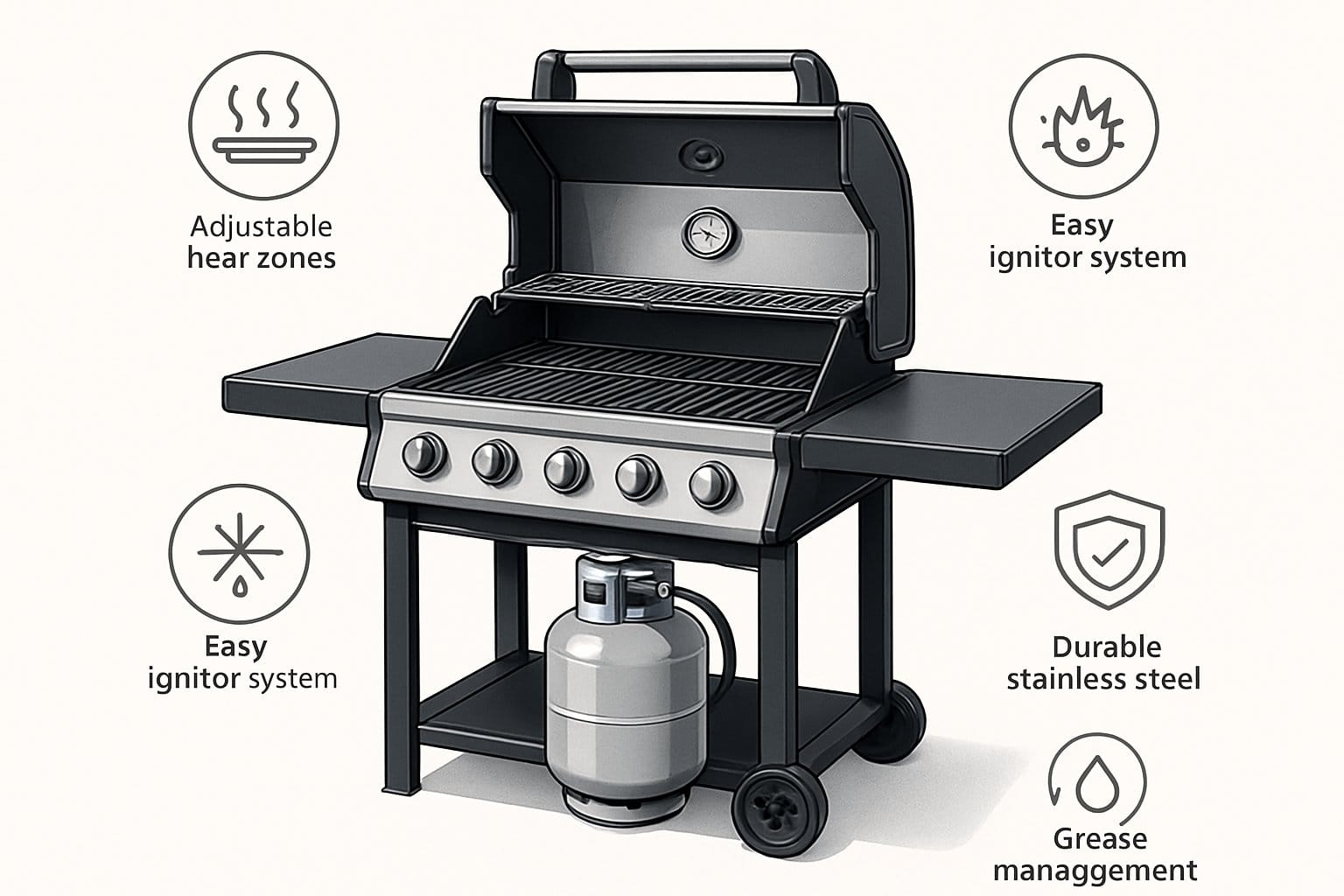 En gasolgrill med öppet lock som visar brännare, grillgaller, termometer, sidobord och en ansluten gasoltank.