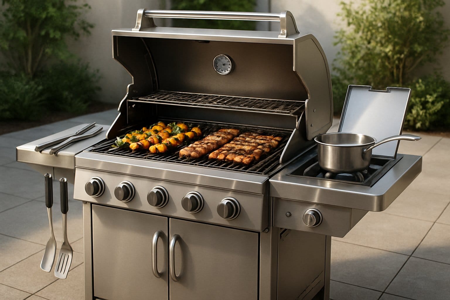 En gasolgrill med öppet lock som visar mat som lagas, omgiven av grilltillbehör på en uteplats.