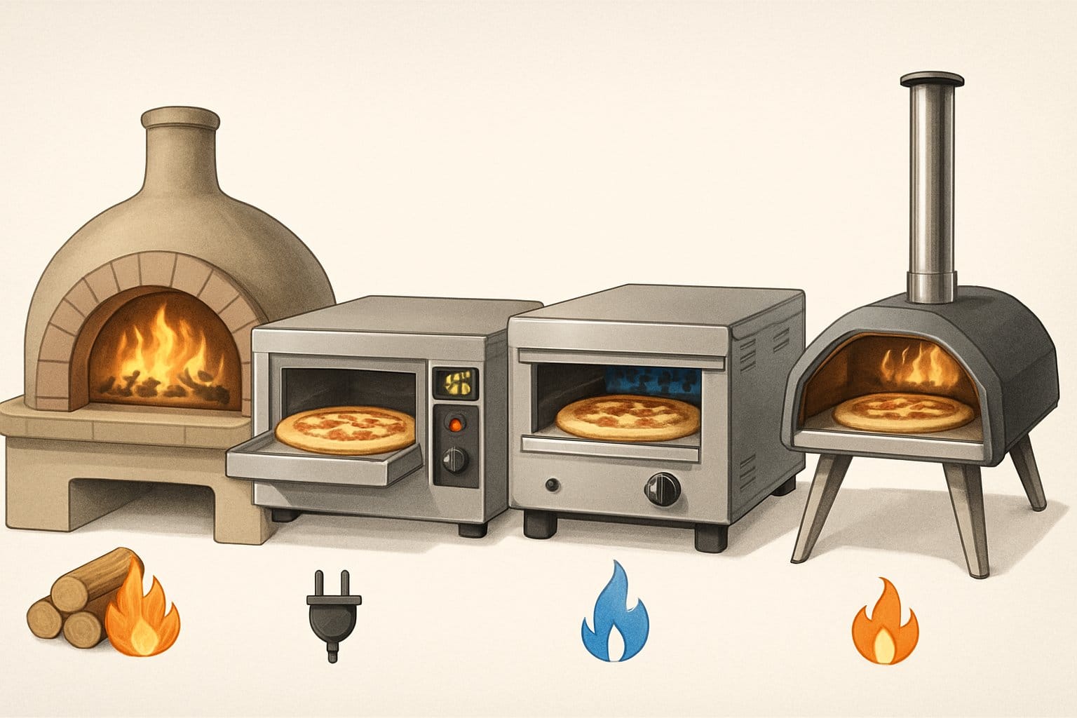 Olika typer av pizzaugnar uppställda sida vid sida med symboler för deras bränslen.