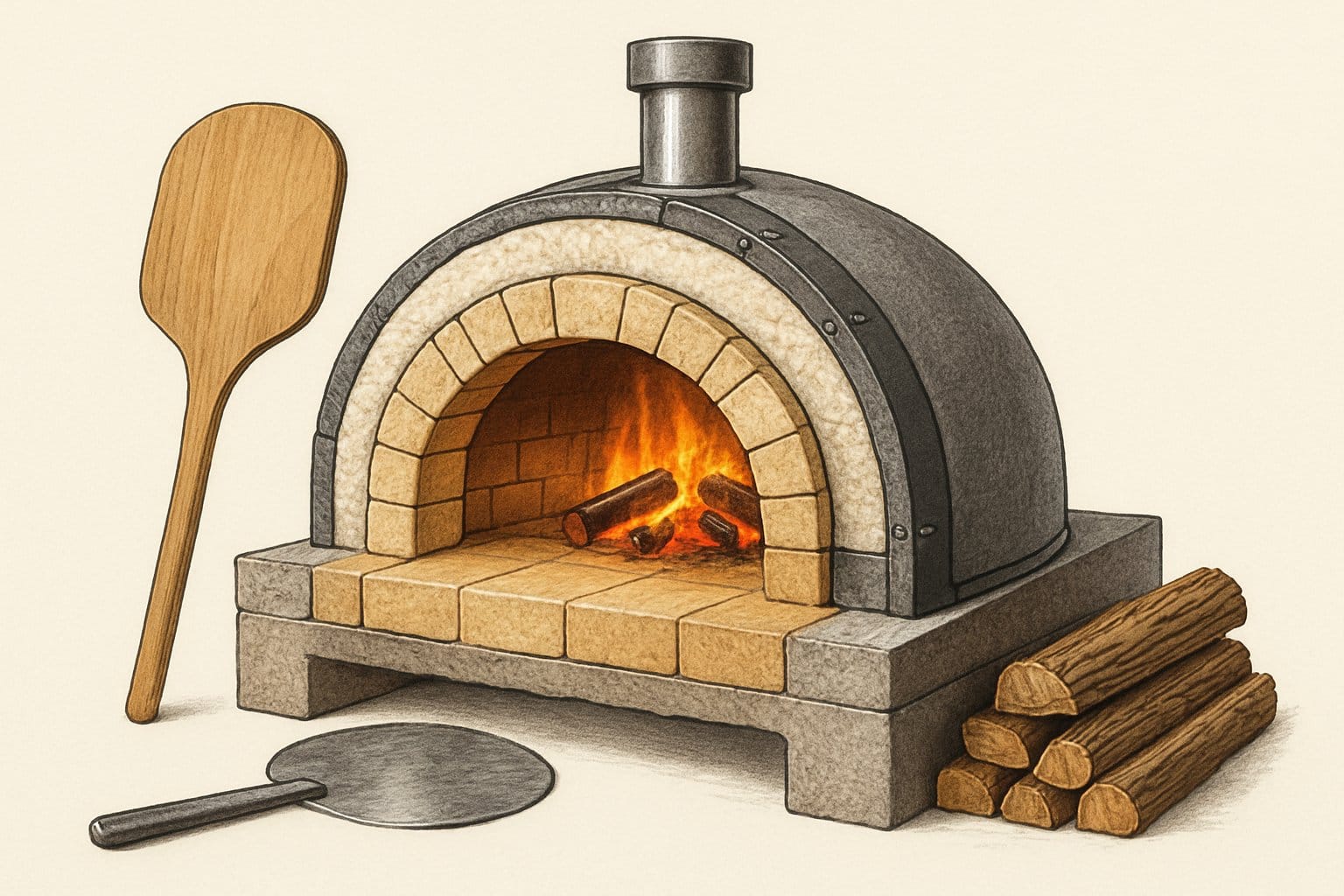 Tvärsnittsbild av en pizzaugn som visar dess olika byggmaterial och konstruktion.