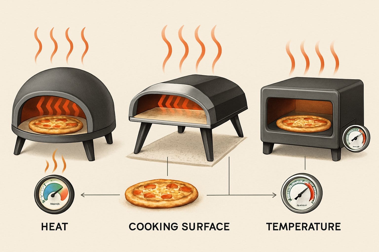 Tre pizzaugnar bredvid varandra med värmestrålar, matlagningsytor och temperaturmätare som visar deras egenskaper.