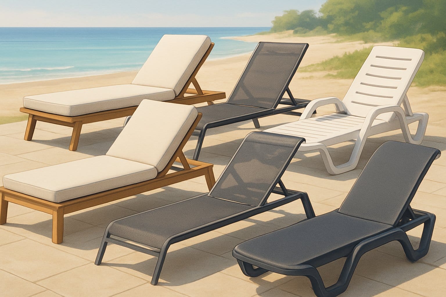 Flera solstolar i olika material och design placerade utomhus vid en strand eller pool.