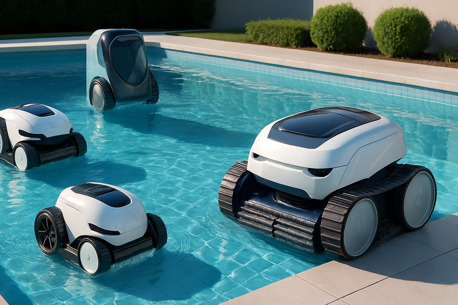 En ren och modern simbassäng med flera avancerade poolrobotar som rengör botten och väggarna.
