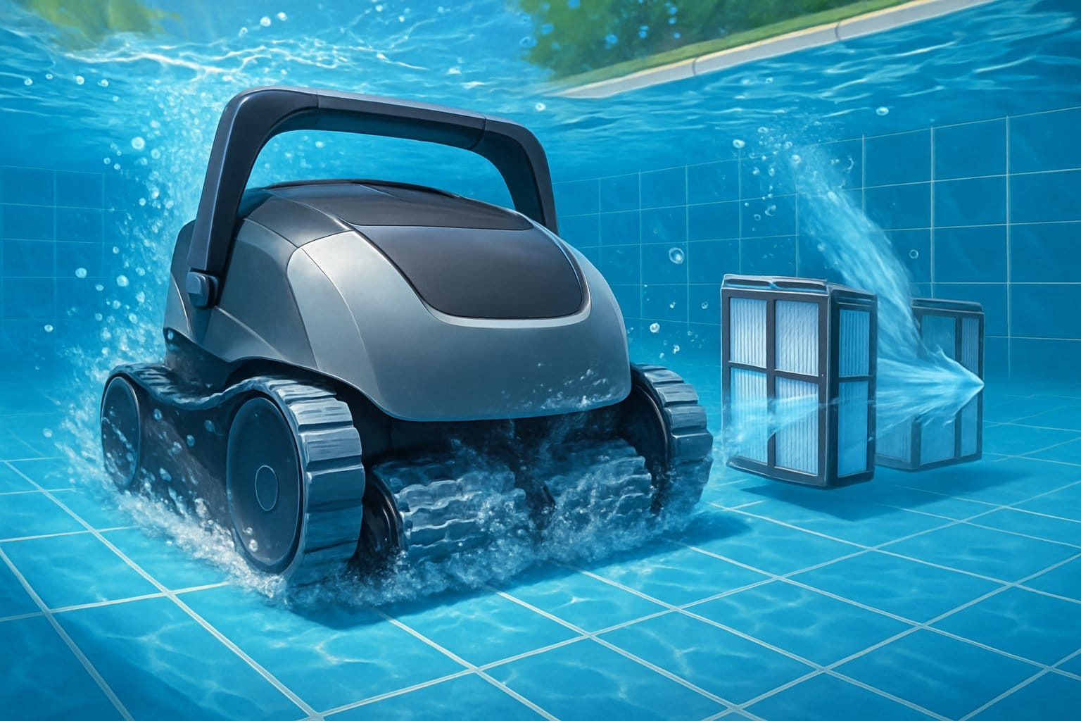 En poolrobot som rengör en klarblå pool under vattnet med synliga filter och rent vatten runt omkring.