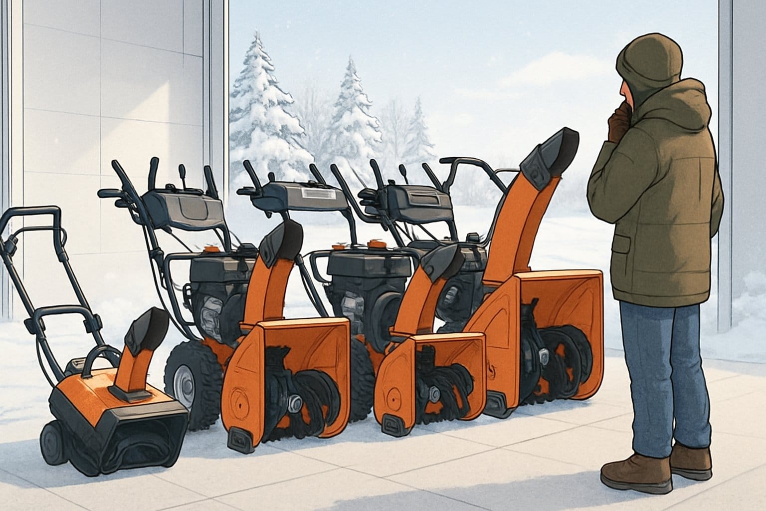 En person i vinterkläder tittar på olika snöslungor i en snötäckt miljö med träd i bakgrunden.