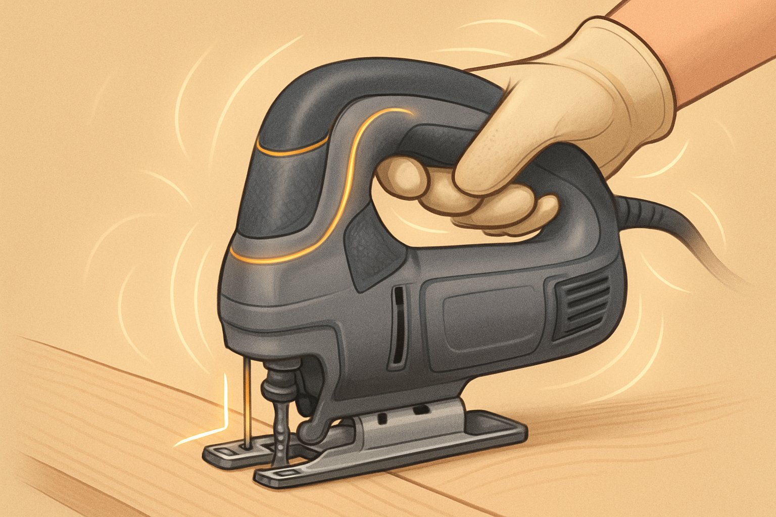 En person som använder en sticksåg med ergonomiskt grepp för att såga i trä.