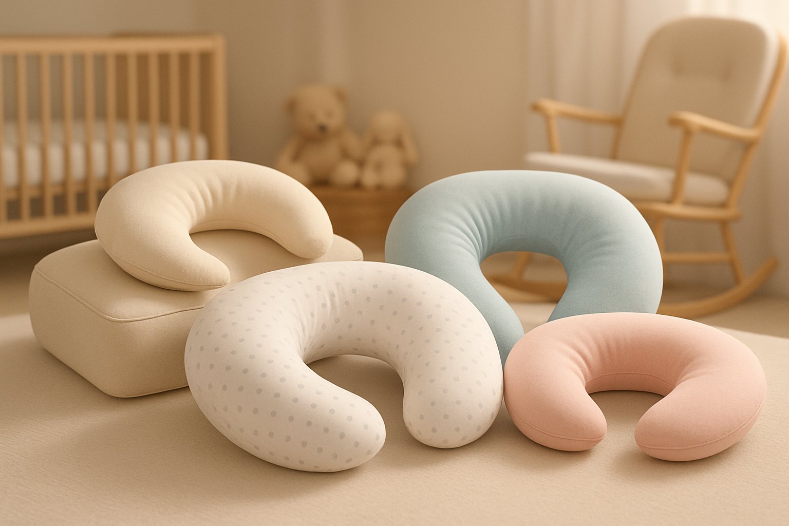 Olika amningskuddar i olika former och färger arrangerade på en yta med en suddig barnkammare i bakgrunden.