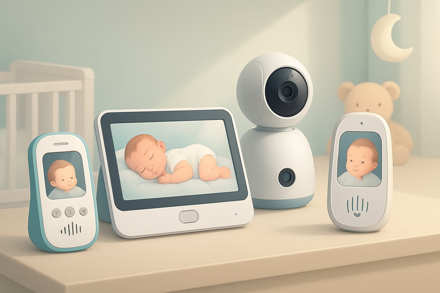 En illustration av flera moderna babyvakter placerade i ett mjukt och lugnt barnrum med en spjälsäng och leksaker.