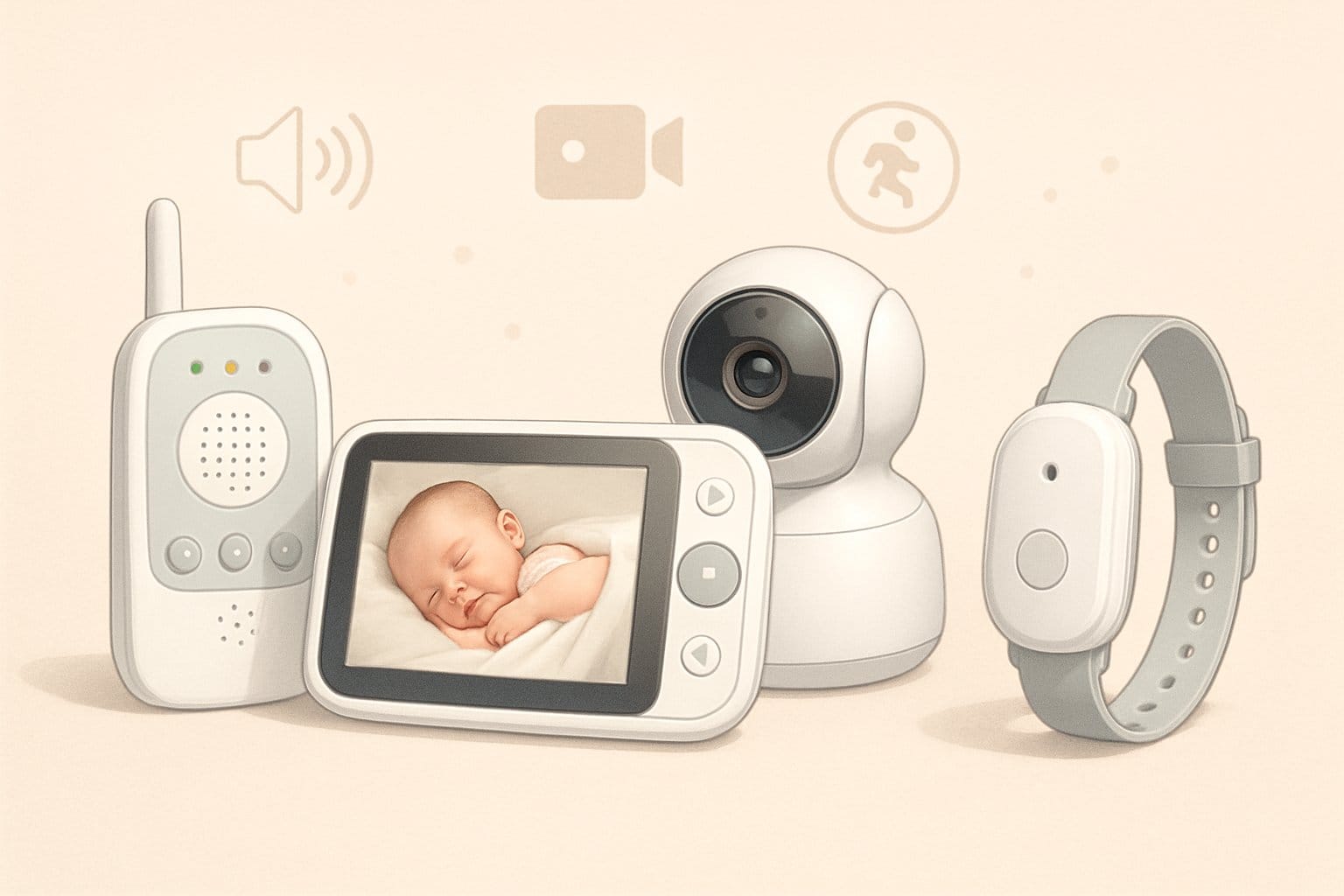 Olika typer av babyvakter visade tillsammans, inklusive ljudmonitorer, videomonitorer och bärbara monitorer, arrangerade på en lugn bakgrund.