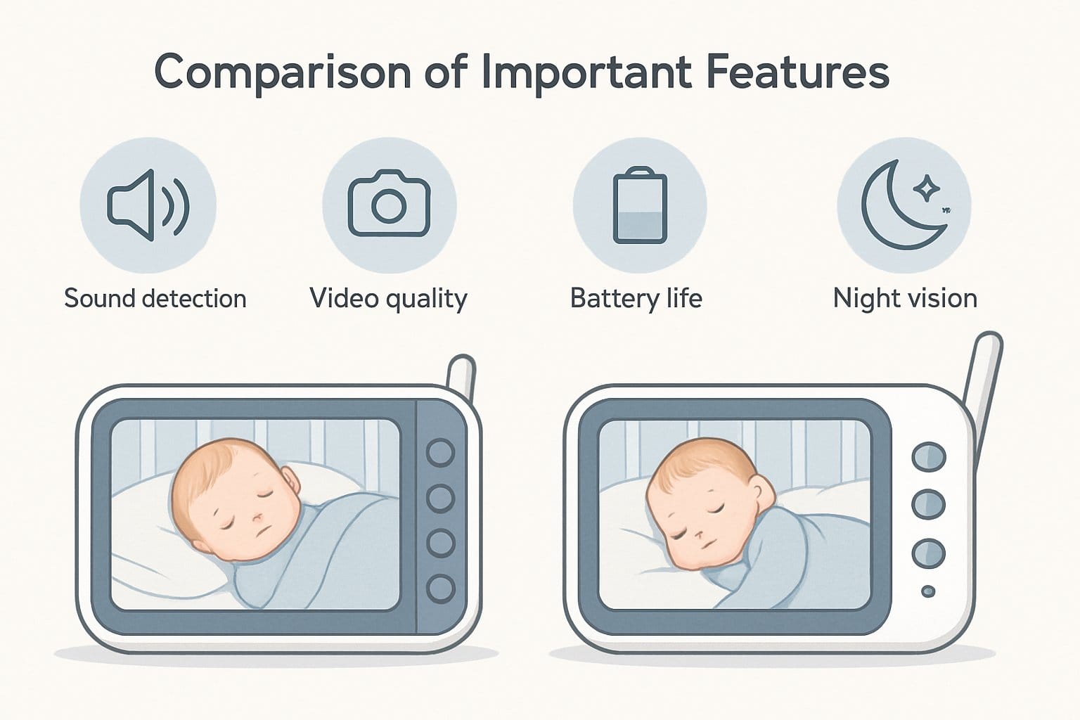 Två babyvakter visas sida vid sida med bilder på sovande bebisar på skärmarna och symboler som visar viktiga funktioner runt omkring.