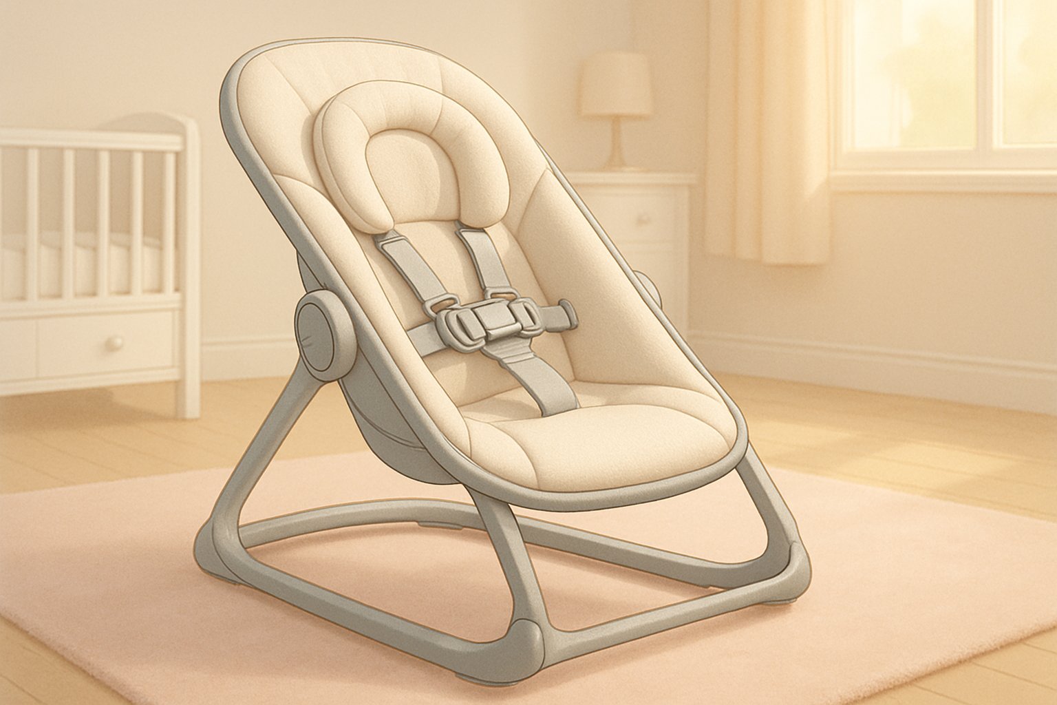 En modern babysitter i ett ljust barnrum med mjuka kuddar och säkerhetsremmar, utformad för ergonomi, komfort och säkerhet.