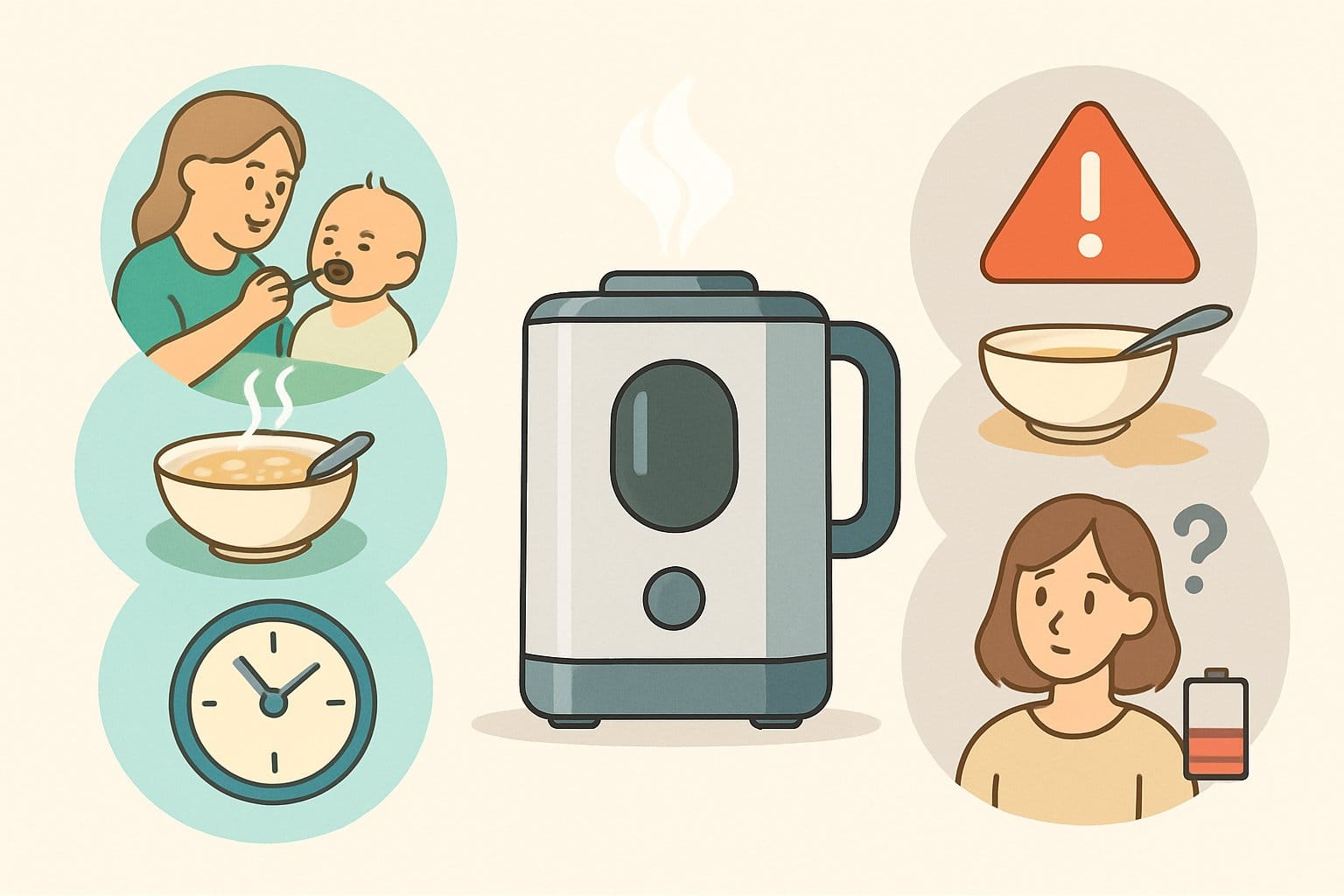 En illustration som visar fördelar och nackdelar med vällingmaskiner med symboler för positiva och negativa aspekter runt en modern vällingmaskin.