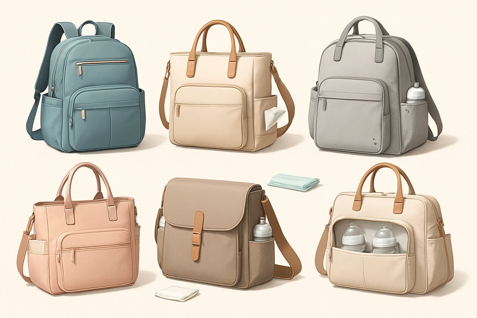 Olika moderna skötväskor för 2025 arrangerade på en ljus bakgrund med synliga babyartiklar som flaskor och blöjor.