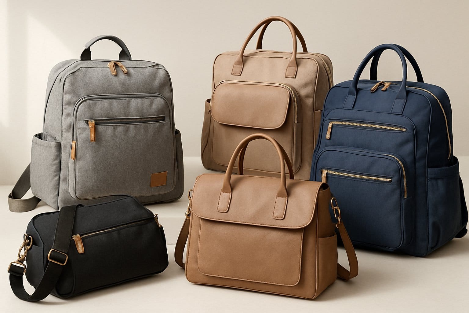 En samling av populära och rekommenderade skötväskor arrangerade på en modern yta.