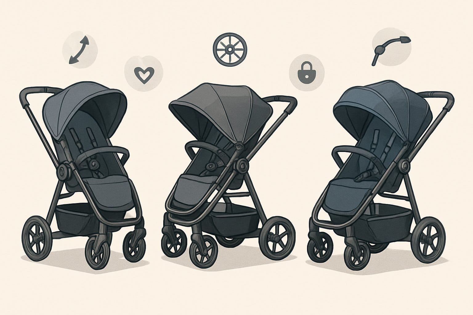 Tre olika barnvagnar sida vid sida med ikoner som visar deras viktiga funktioner.
