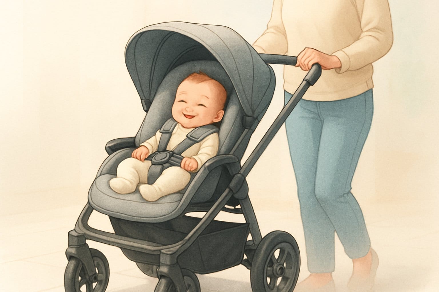 En förälder som trycker en barnvagn med ett glatt barn i en ljus och lugn miljö.
