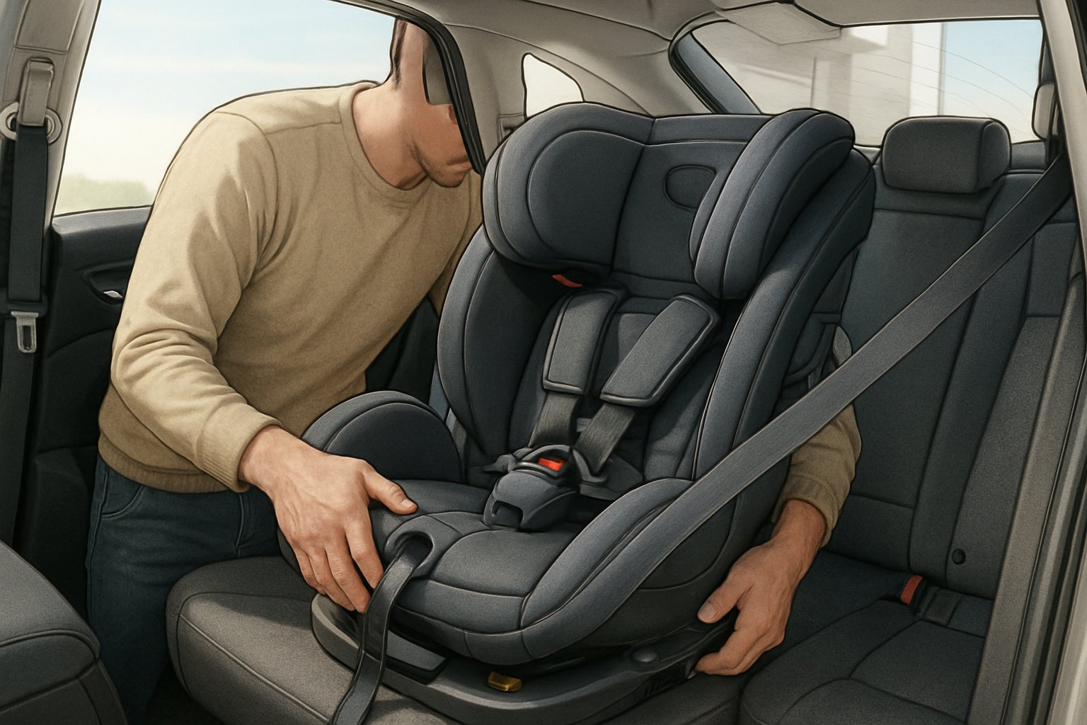 En person installerar och monterar en bilbarnstol i baksätet på en bil.