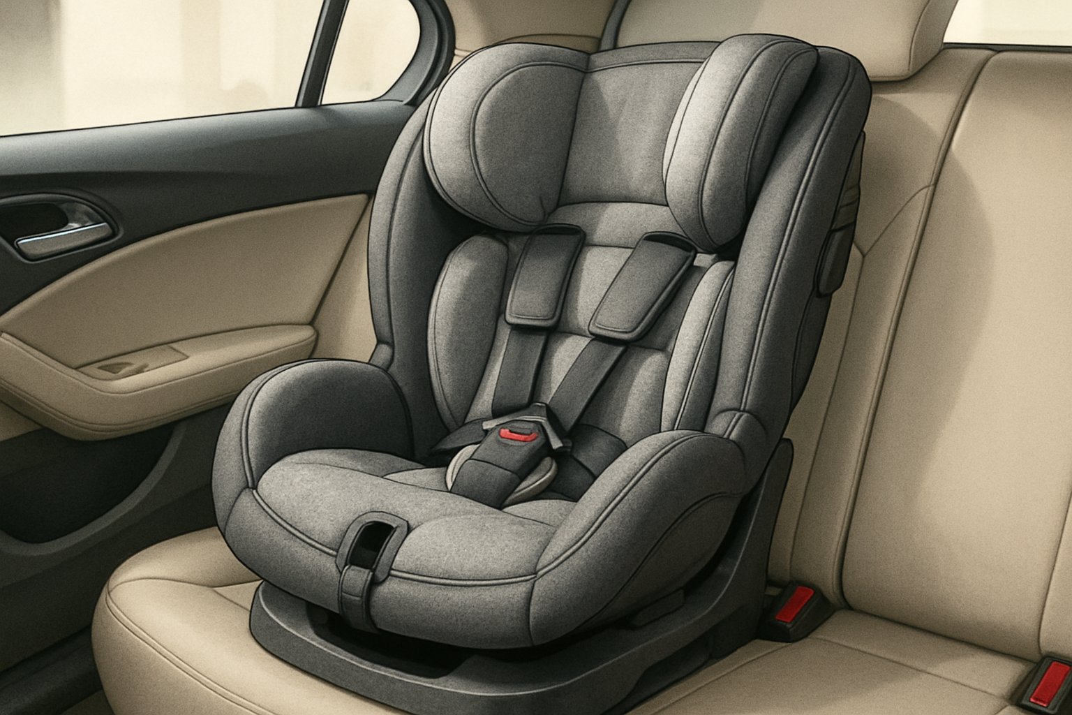 Ett barnbilbarnstol installerad i en bil, med fokus på säkerhet och komfort.