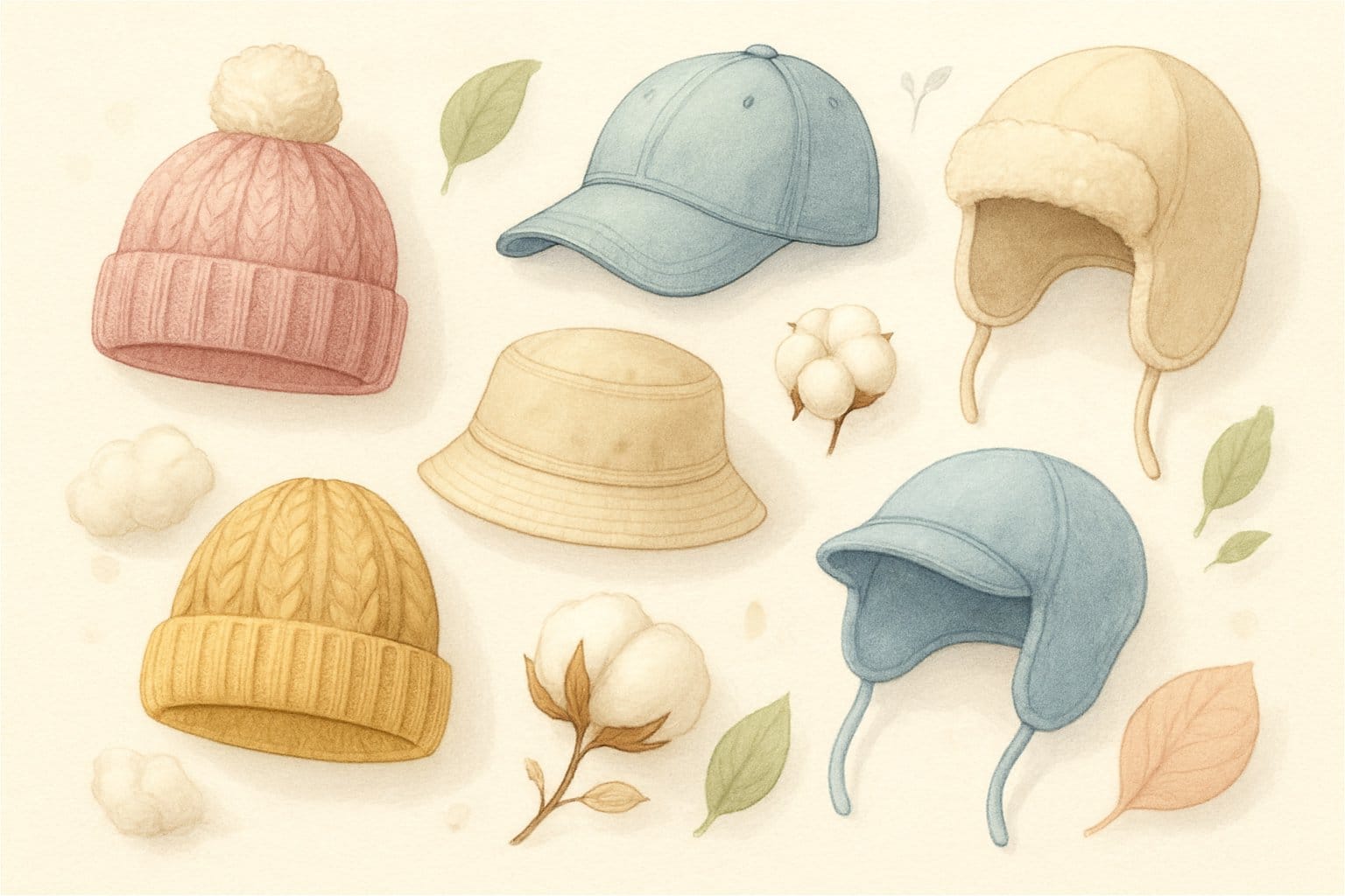 Olika barnmössor av olika material som ligger uppställda på en mjuk bakgrund med naturliga inslag runtomkring.
