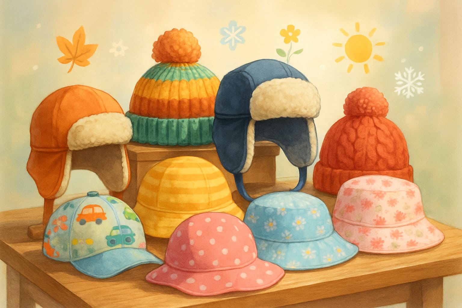 En samling barnmössor för olika årstider och tillfällen arrangerade på ett bord med säsongsdetaljer runtomkring.
