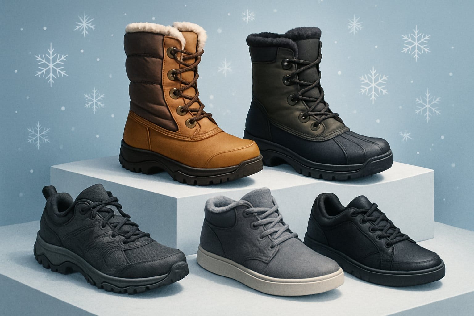 Olika typer av vinterkängor och skor arrangerade på en ren yta med snöflingor i bakgrunden.