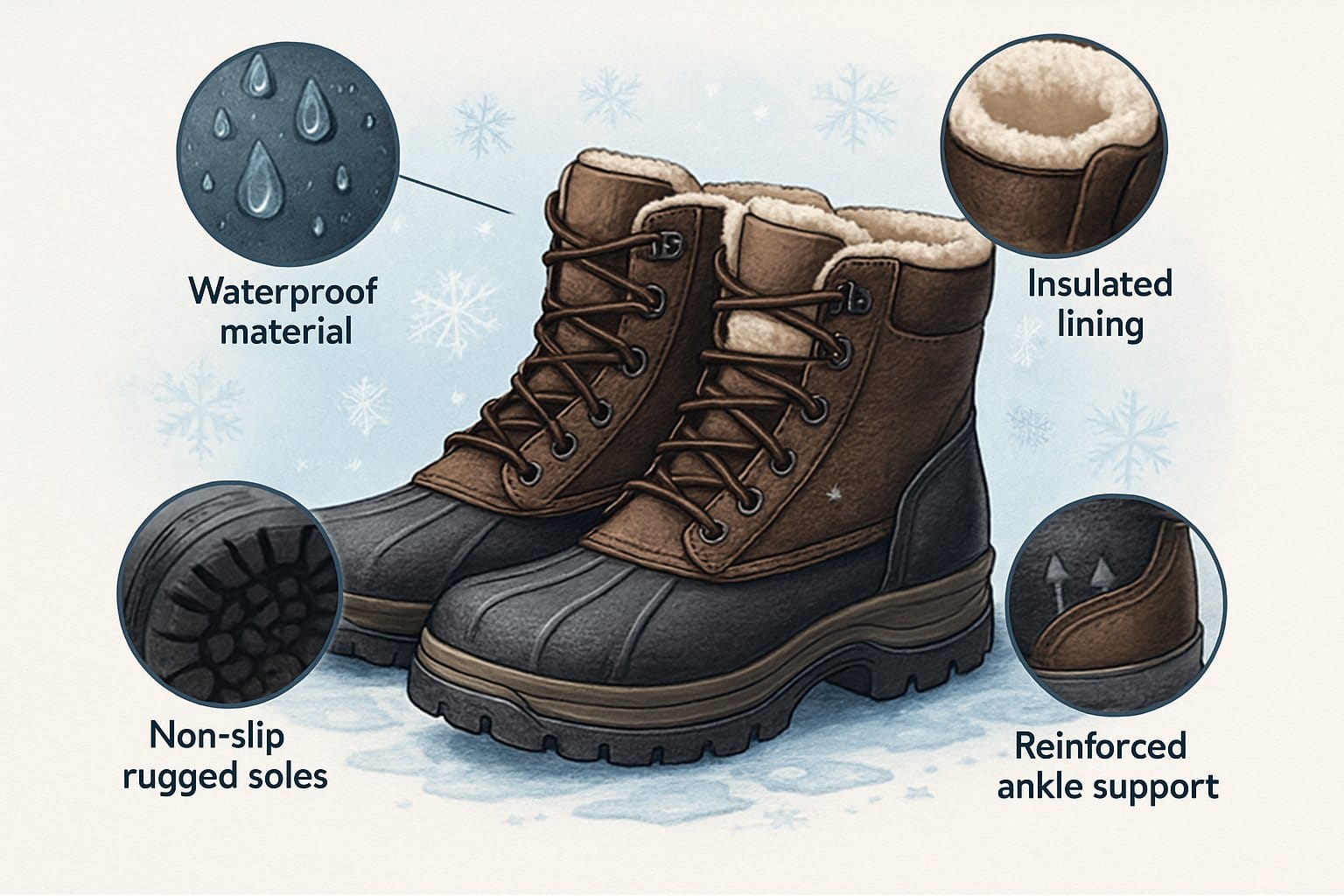 Ett par vinterskor med pilar som pekar på viktiga egenskaper som vattentäthet, isolering och halksäkra sulor.