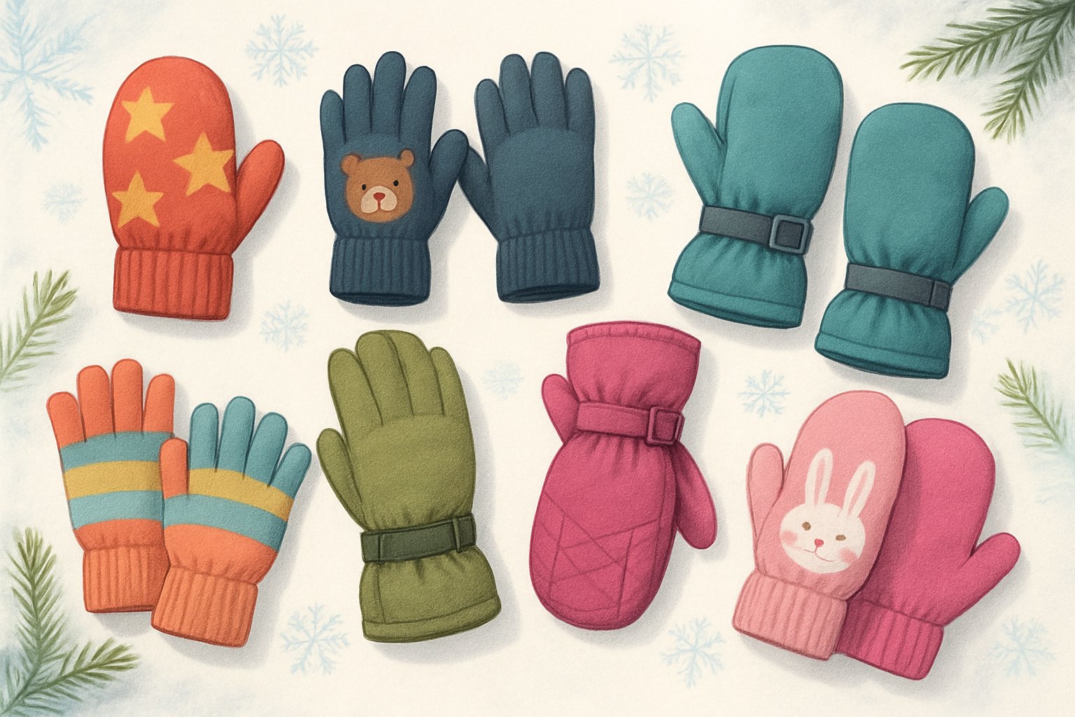 Ett urval av färgglada barnvantar i olika stilar arrangerade på en ljus bakgrund med vinterelement som snöflingor och tallgrenar runtomkring.