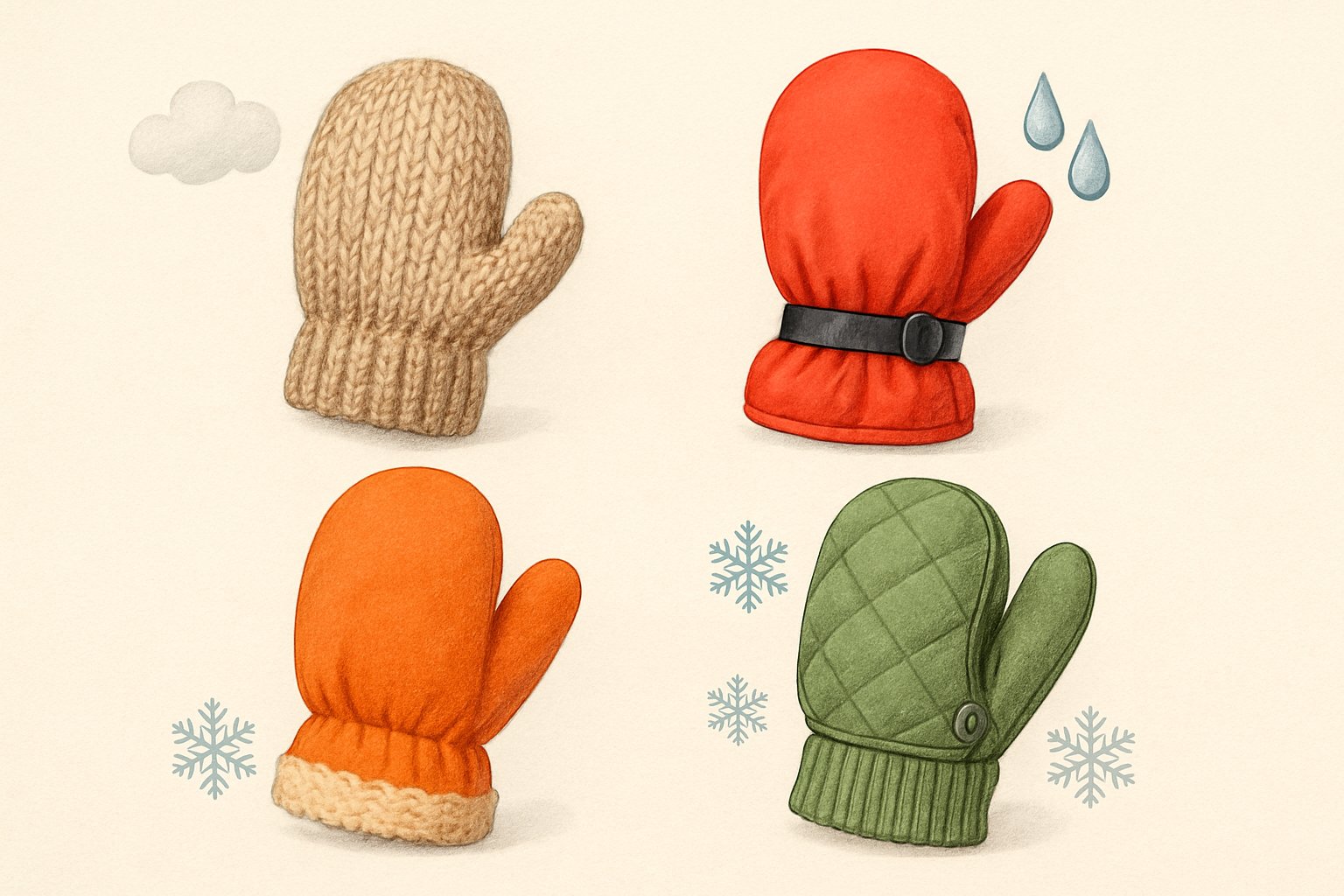 Olika typer av barnvantar i olika färger och material, arrangerade på en neutral bakgrund.