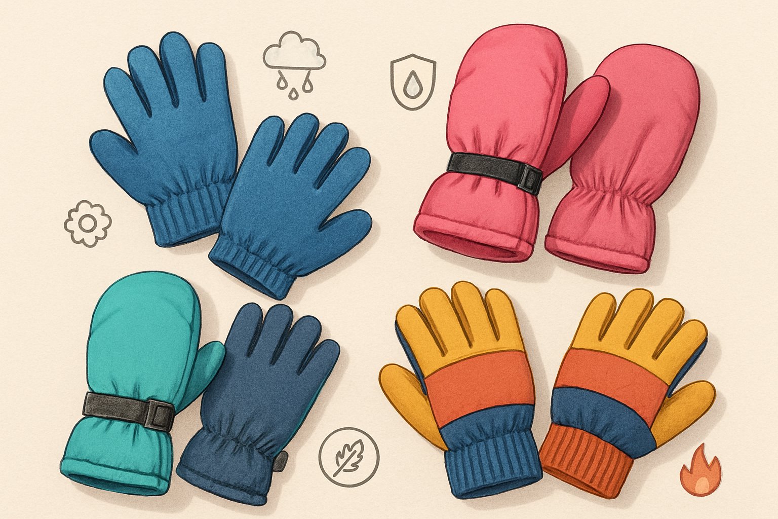 Flera par färgglada barnvantar i olika material och med olika funktioner arrangerade på en ren yta.