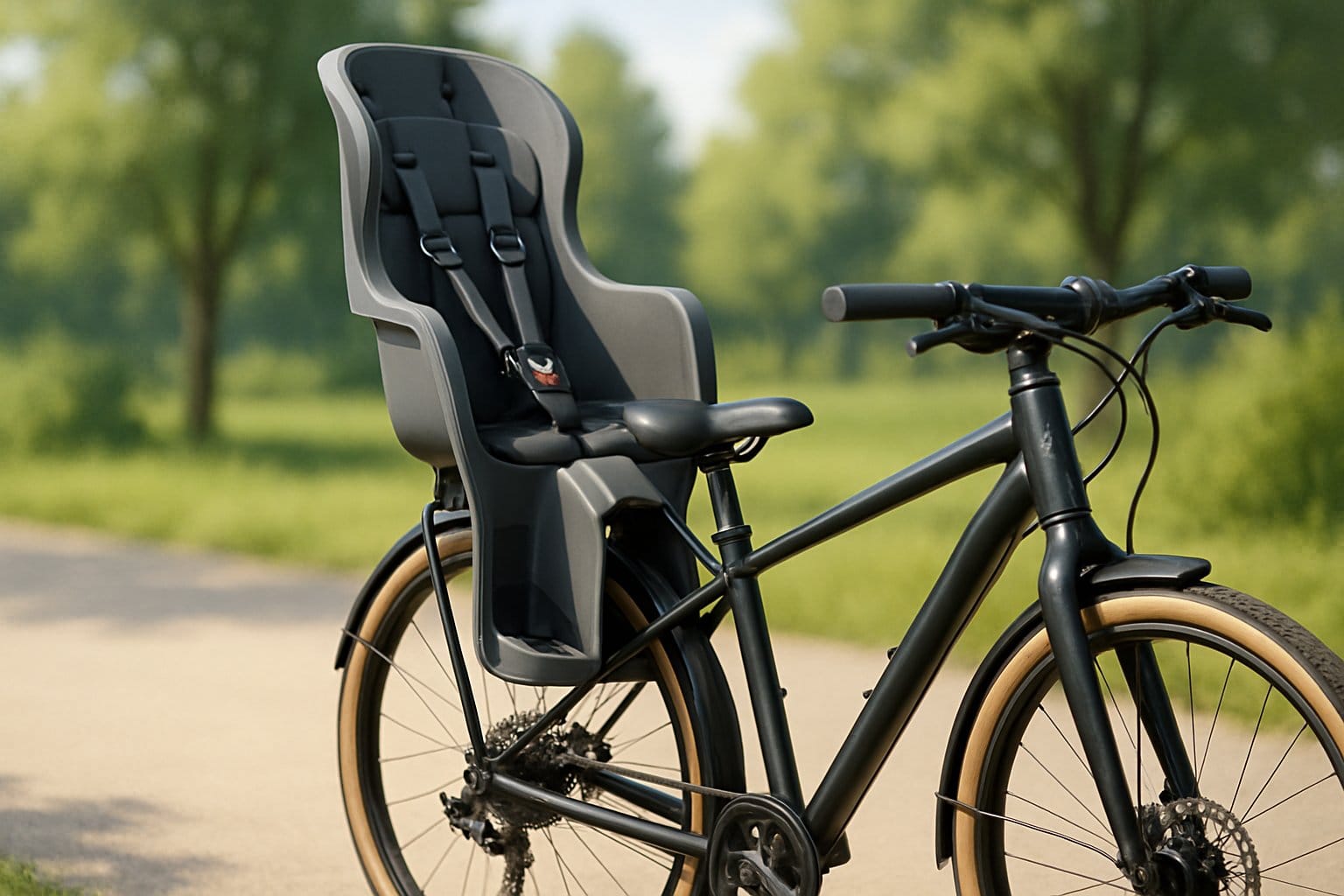 En cykel med ett barnstol monterat på ramen, placerad på en stig med träd i bakgrunden.